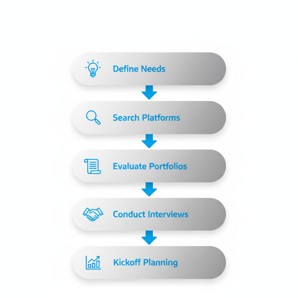Vertical process flow diagram illustrating five steps to engage GTM specialists in Silicon Valley: define needs, search platforms, evaluate portfolios, conduct interviews, and kickoff planning.