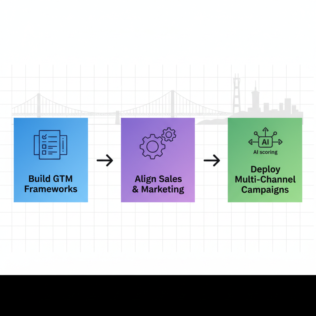 Process flow diagram illustrating three stages of implementing SaaS GTM systems: building frameworks, aligning sales and marketing, and deploying campaigns with icons.