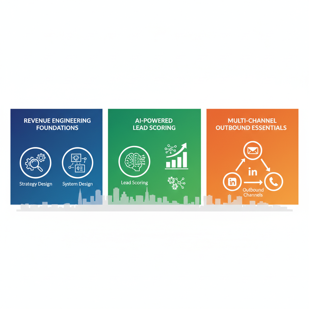 Infographic illustrating key SaaS go-to-market components: revenue engineering, AI lead scoring, and multi-channel outbound for San Francisco area.