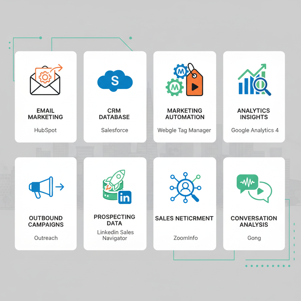 Infographic showing 10 key tools for go-to-market specialists in San Francisco tech, with icons and brief benefits.