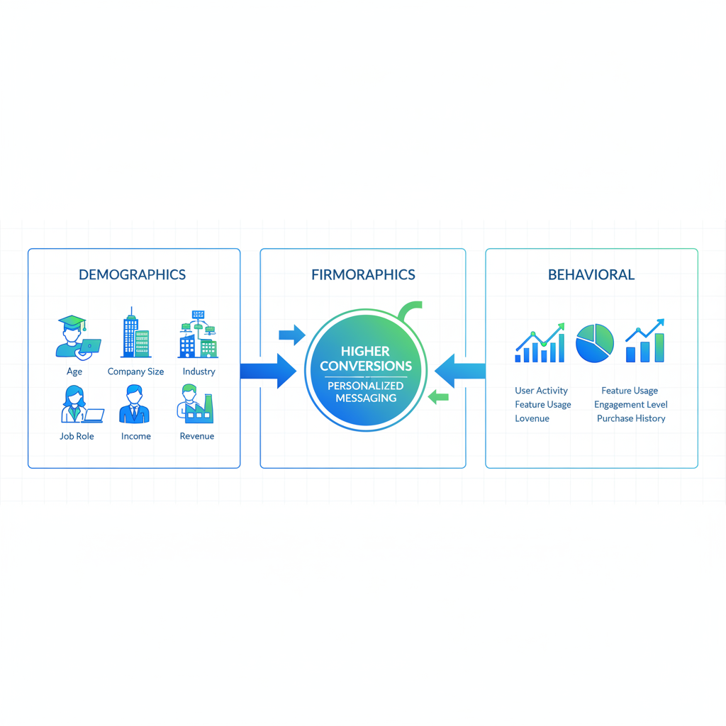 Infographic depicting three types of market segmentation: demographic, firmographic, and behavioral for SaaS go-to-market strategies with connected benefits.