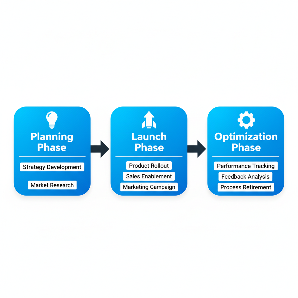 Horizontal process flow diagram illustrating three phases of GTM implementation for B2B startups: planning, launch, and optimization with relevant icons.