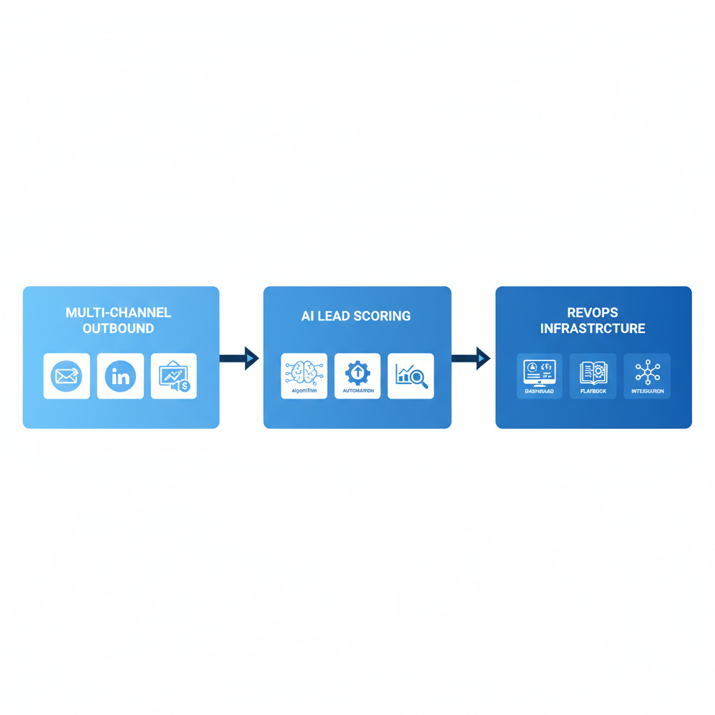 Horizontal process flow illustrating GTM marketing stages: multi-channel outbound, AI lead scoring, and RevOps infrastructure with icons.