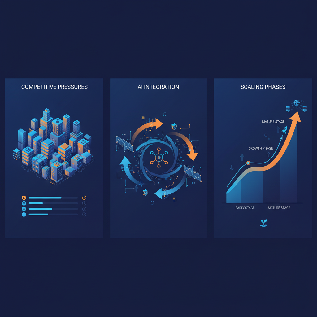 Infographic showing three key GTM challenges: competitive pressures, AI integration, and scaling phases for B2B tech in Silicon Valley
