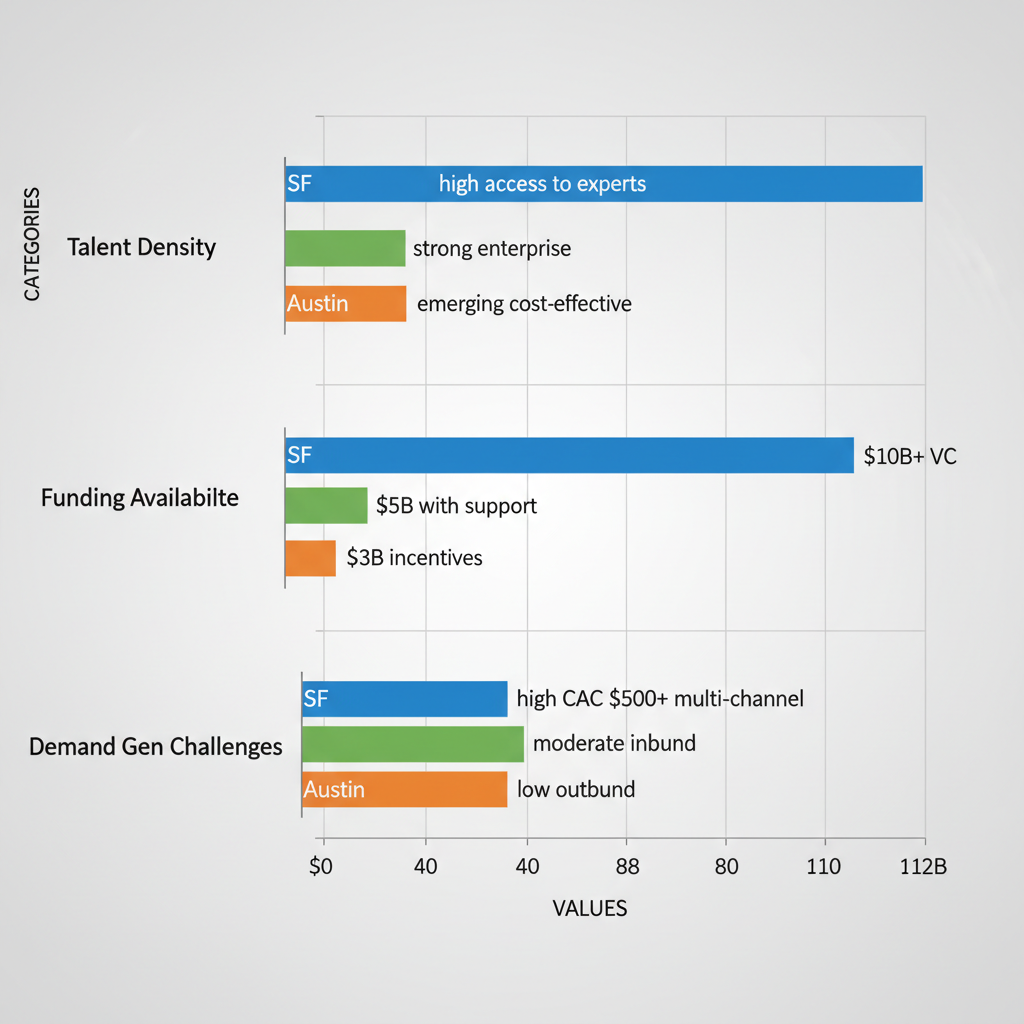 Bar chart comparing SaaS talent density, funding availability, and demand generation challenges in San Francisco, Seattle, and Austin