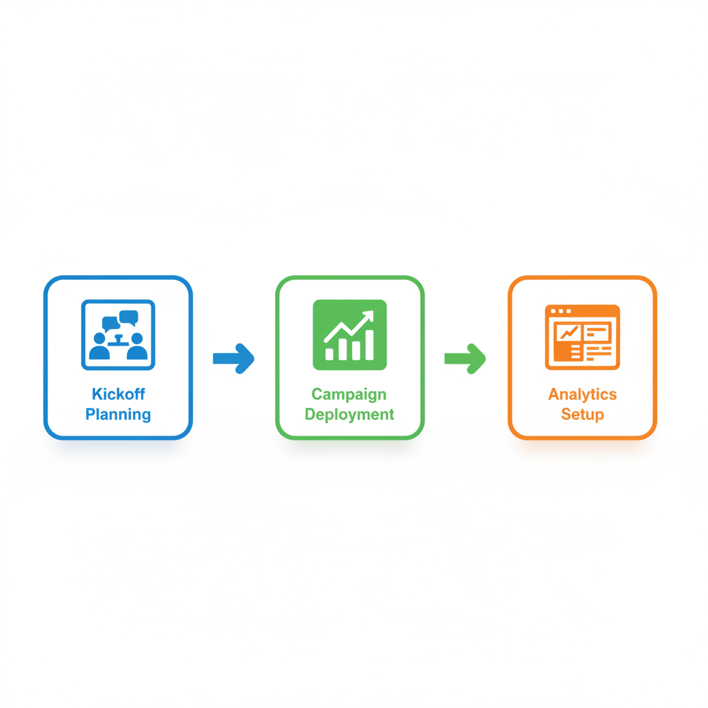 Horizontal process flow diagram showing three steps for implementing SaaS growth strategies: kickoff planning, campaign deployment, and analytics setup with icons and arrows.
