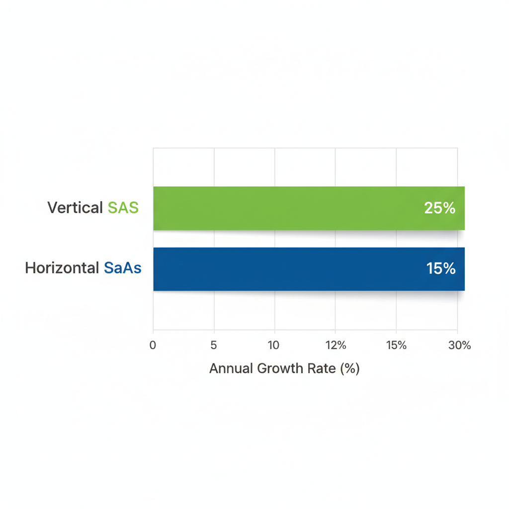 Horizontal bar chart comparing annual growth rates: Vertical SaaS at 25% in green, Horizontal SaaS at 15% in blue, Silicon Valley data.