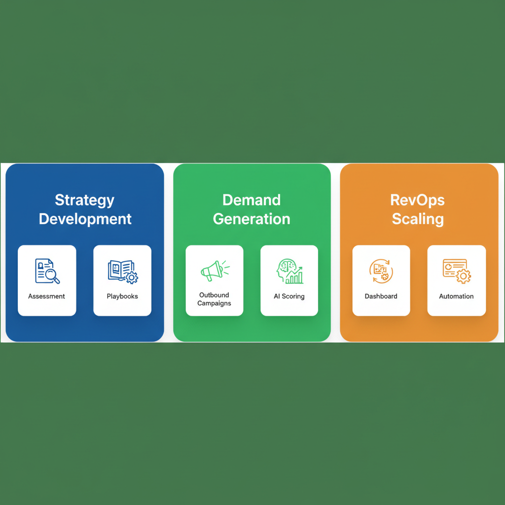 Horizontal process flow diagram illustrating three stages of building GTM systems for B2B SaaS: strategy development, demand generation, and RevOps scaling.