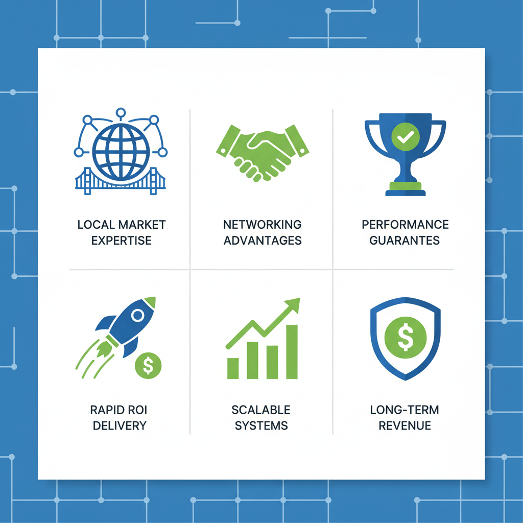 Grid of icons showing benefits of local B2B SaaS consultants: market expertise, networking, guarantees, ROI, scalability, revenue predictability.
