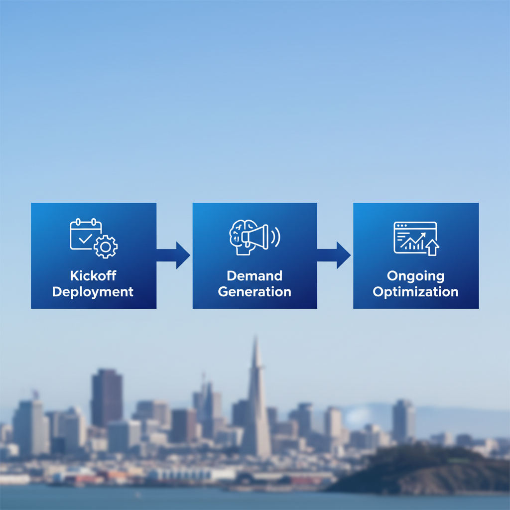 Horizontal process flow diagram illustrating three stages of revenue growth driven by B2B SaaS consultants: kickoff deployment, demand generation, and ongoing optimization with San Francisco skyline background