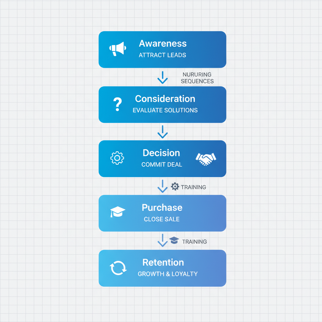 Vertical illustration of B2B SaaS sales funnel optimization process with five stages from awareness to retention