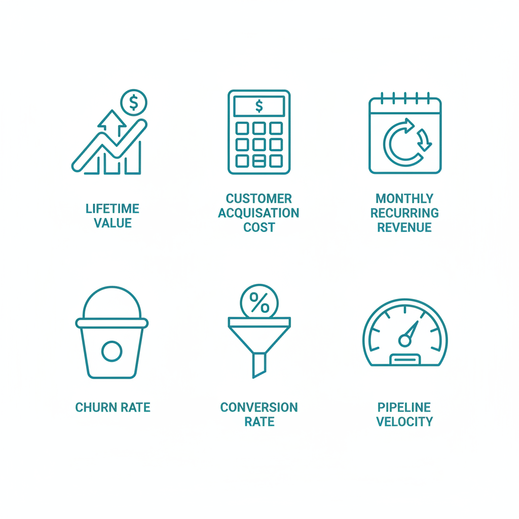 Grid of six icons depicting key SaaS growth metrics: LTV, CAC, MRR, Churn Rate, Conversion Rate, and Pipeline Velocity.