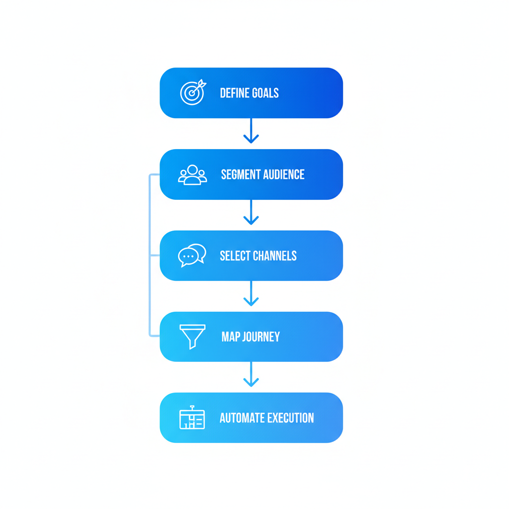 Vertical process flow diagram illustrating five stages to build a demand generation playbook for B2B SaaS, from defining goals to automating execution.