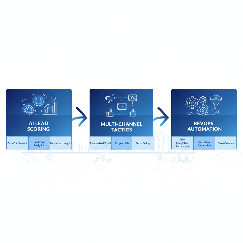 Horizontal process flow diagram showing three stages of AI-enhanced demand generation: lead scoring, multi-channel tactics, and RevOps automation for B2B SaaS sales.