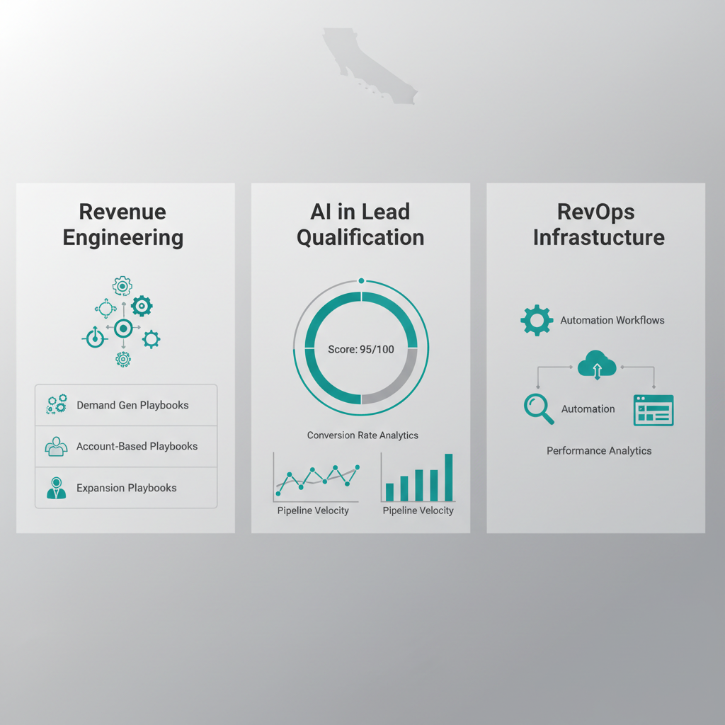 Infographic showing core components of B2B SaaS go-to-market systems including revenue engineering, AI lead qualification, and RevOps infrastructure in San Francisco