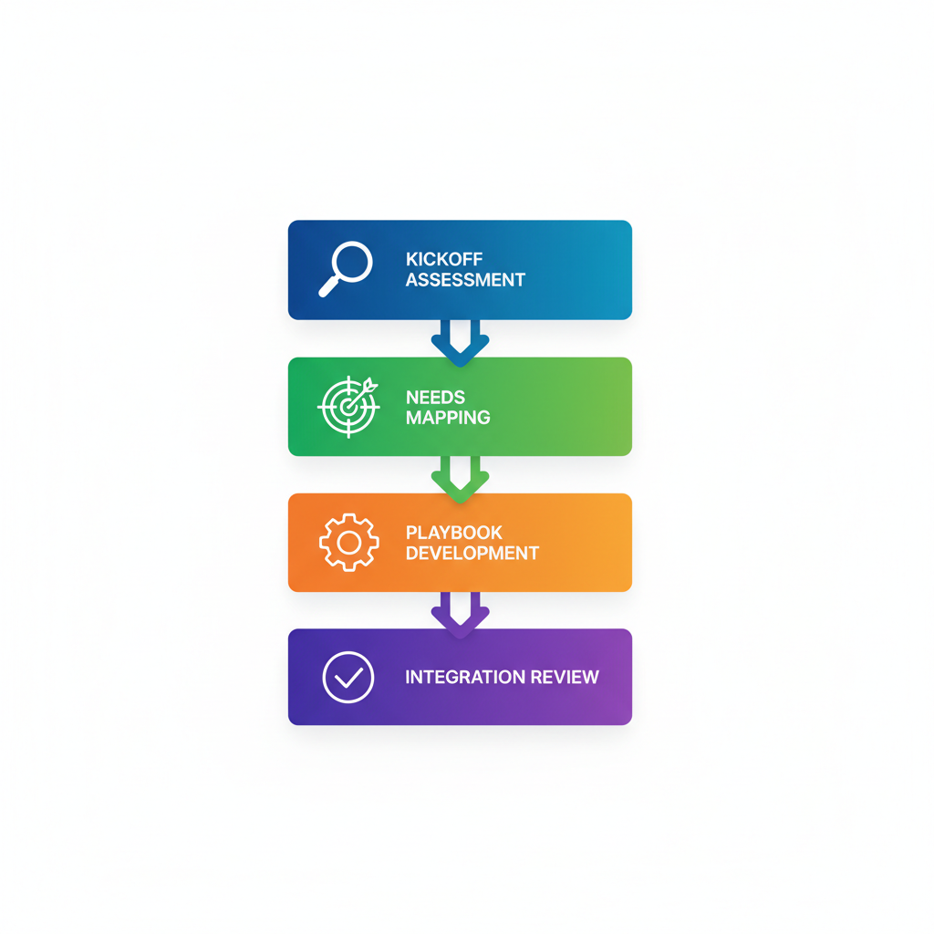 Vertical process flow diagram illustrating expert strategy alignment with four steps: kickoff assessment, needs mapping, playbook development, and integration review for B2B SaaS.