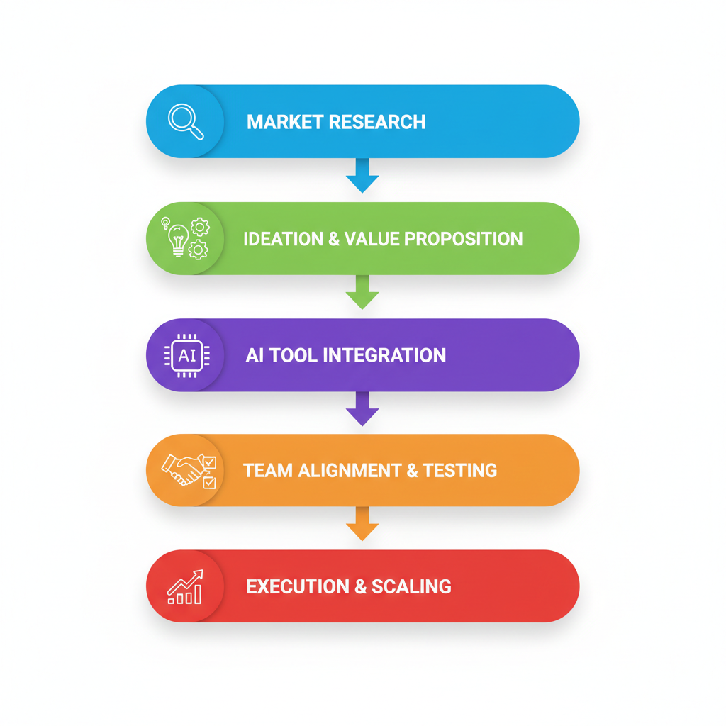 Vertical process flow diagram showing five stages of developing a SaaS GTM strategy for B2B companies: market research, ideation, AI integration, team alignment, and execution scaling.