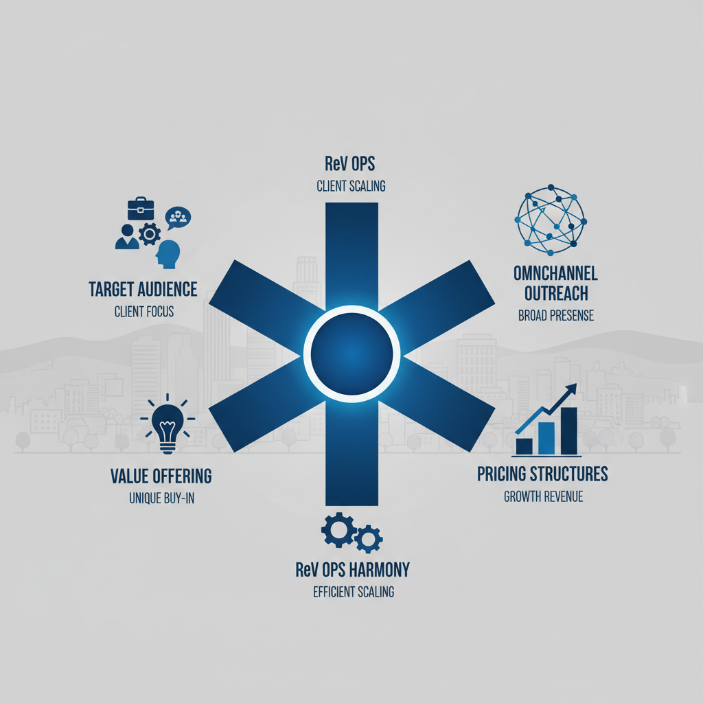 Infographic illustrating five core pillars of SaaS GTM strategy with icons and minimal labels