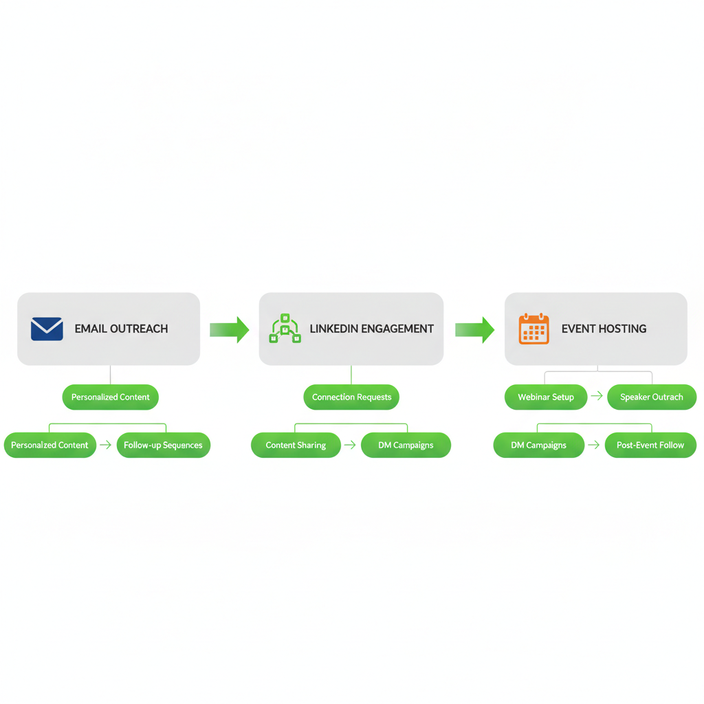 Horizontal process flow diagram illustrating multi-channel outbound stages: email, social selling, and webinars in B2B SaaS.