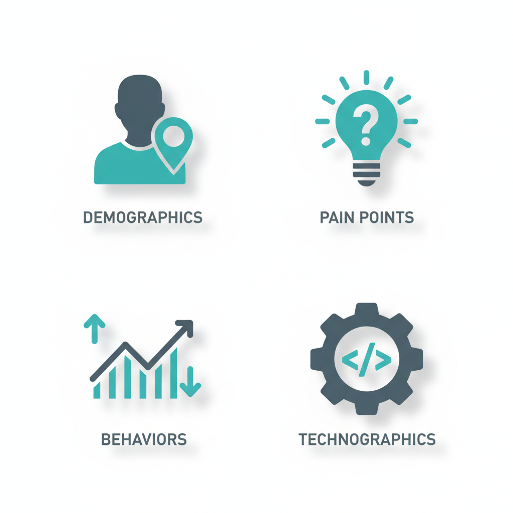 Icon grid showing demographics, pain points, behaviors, and technographics for B2B SaaS customer profiles