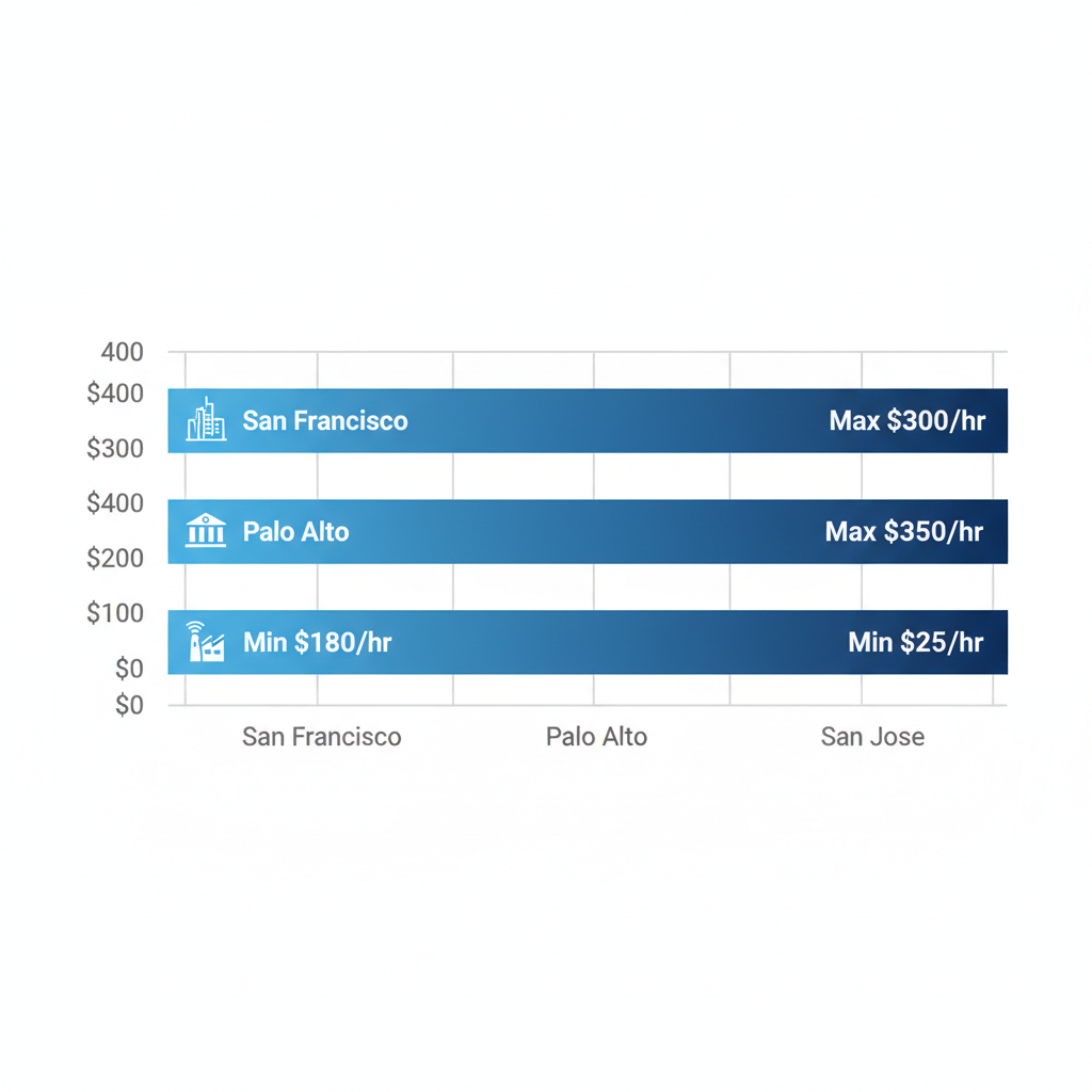 Horizontal bar chart comparing SaaS sales consulting costs across San Francisco, Palo Alto, and San Jose areas with icons and value ranges.