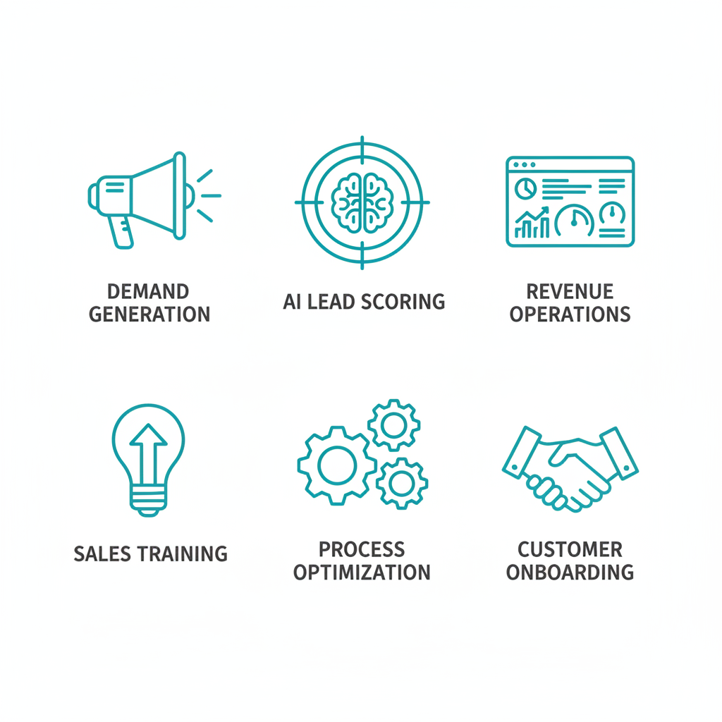 Grid of six flat icons illustrating key SaaS sales consulting services including demand generation, lead scoring, and revenue operations.