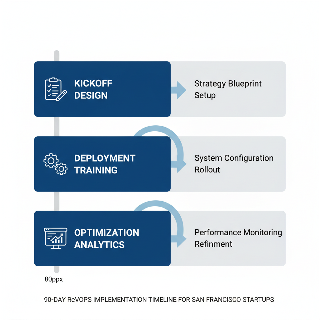 Vertical timeline illustrating 90-day RevOps implementation phases for startups
