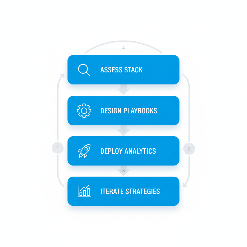 Vertical process flow diagram illustrating the four phases of implementing RevOps strategies: assessment, design, deployment, and iteration for SaaS companies.