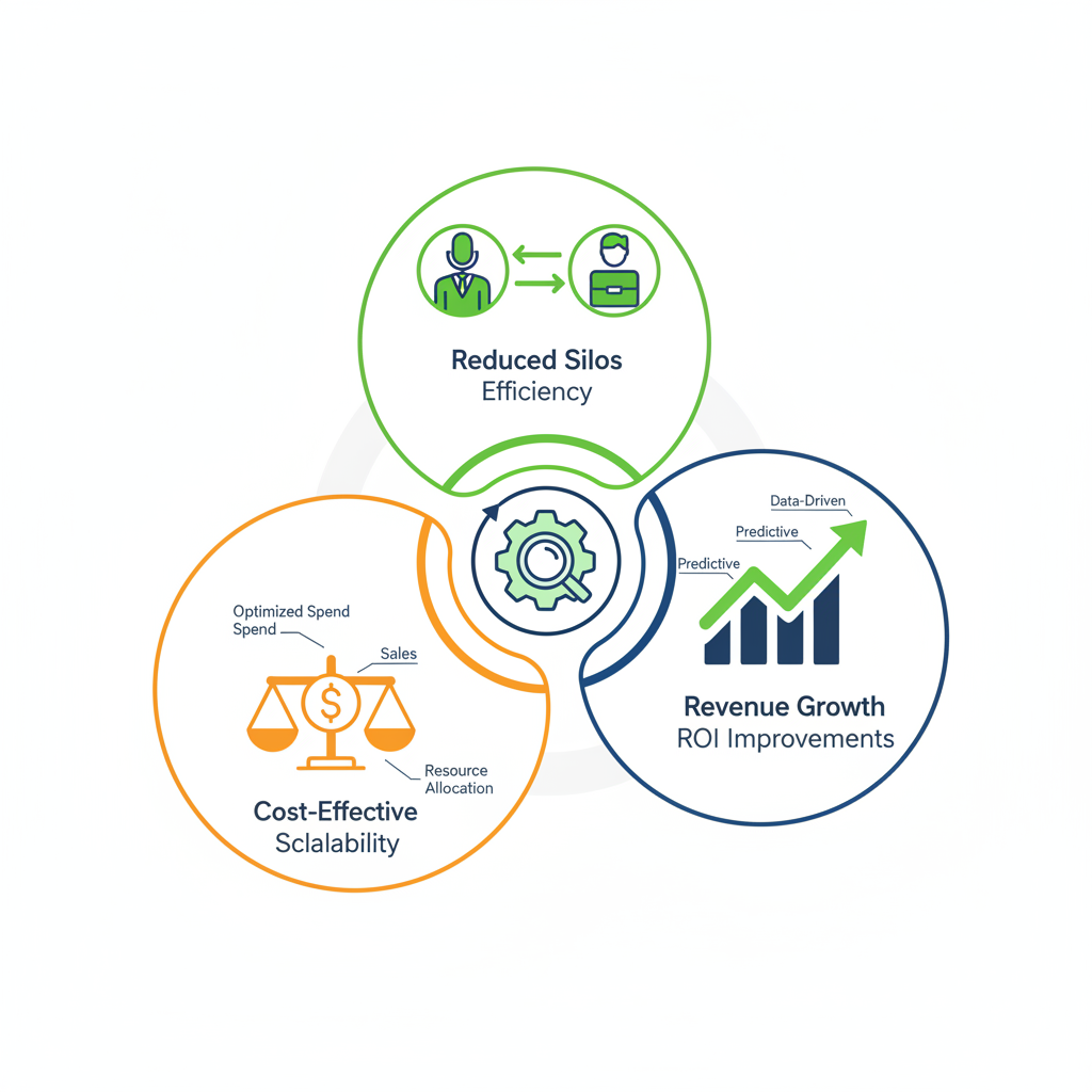 Infographic illustrating benefits of RevOps consulting: alignment efficiency, revenue growth, and cost-effective scaling with interconnected icons and charts