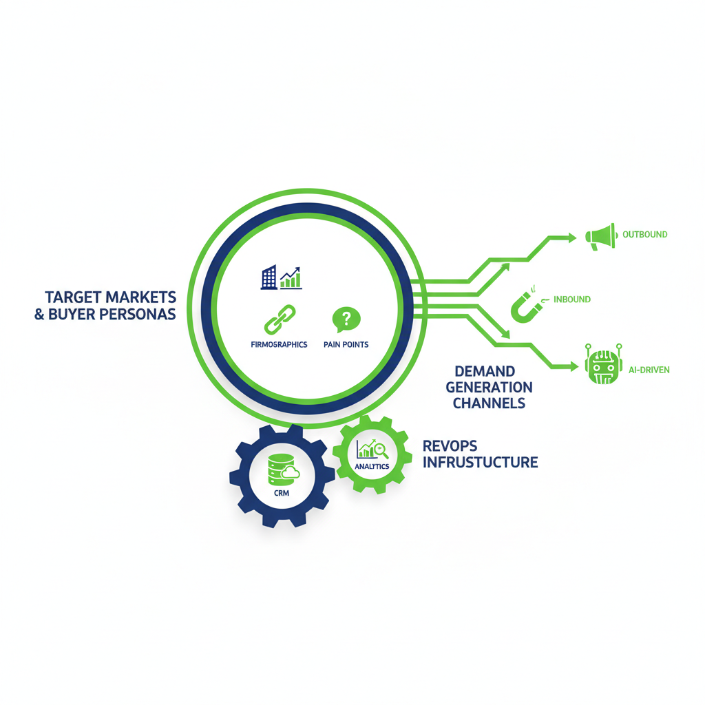 Infographic illustrating core components of B2B go-to-market strategy with target markets, demand generation channels, and RevOps infrastructure.