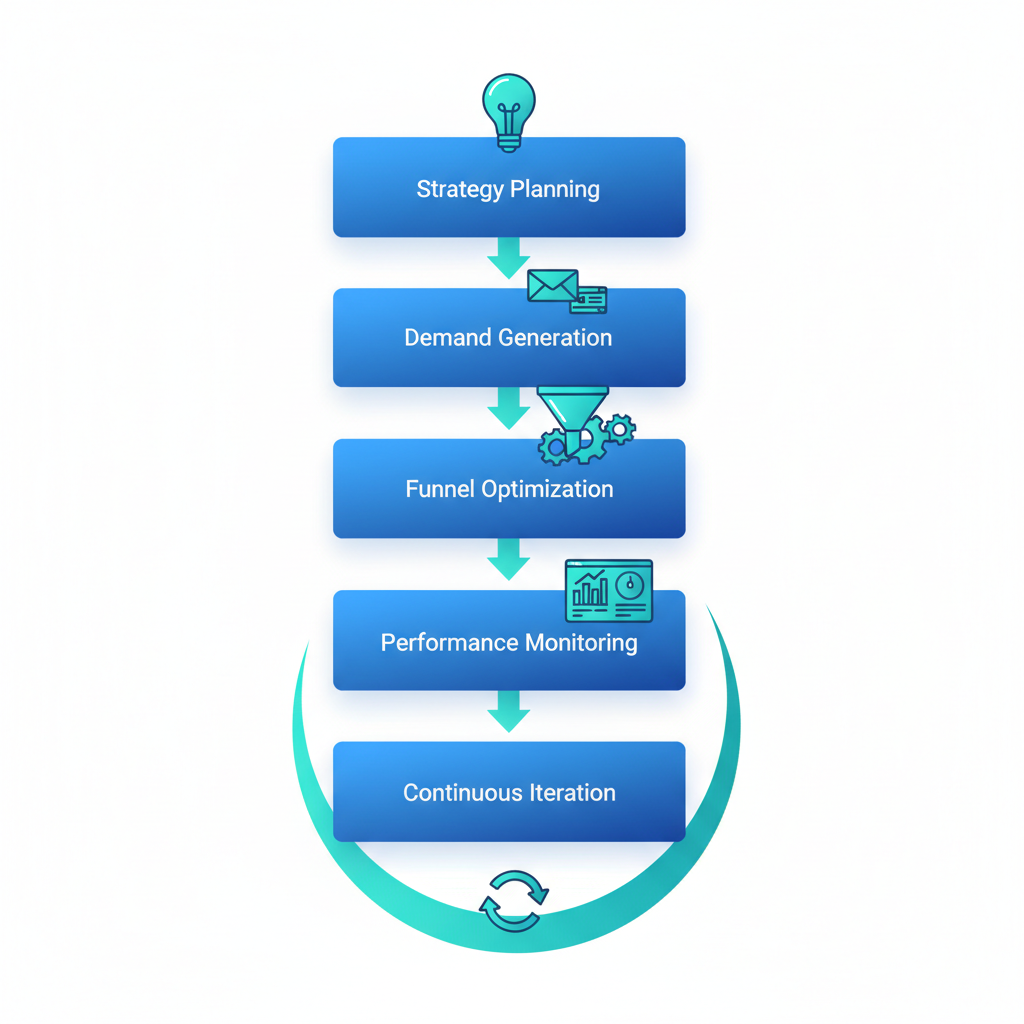 Vertical process flow diagram showing five stages of B2B GTM strategy execution from planning to iteration with icons.