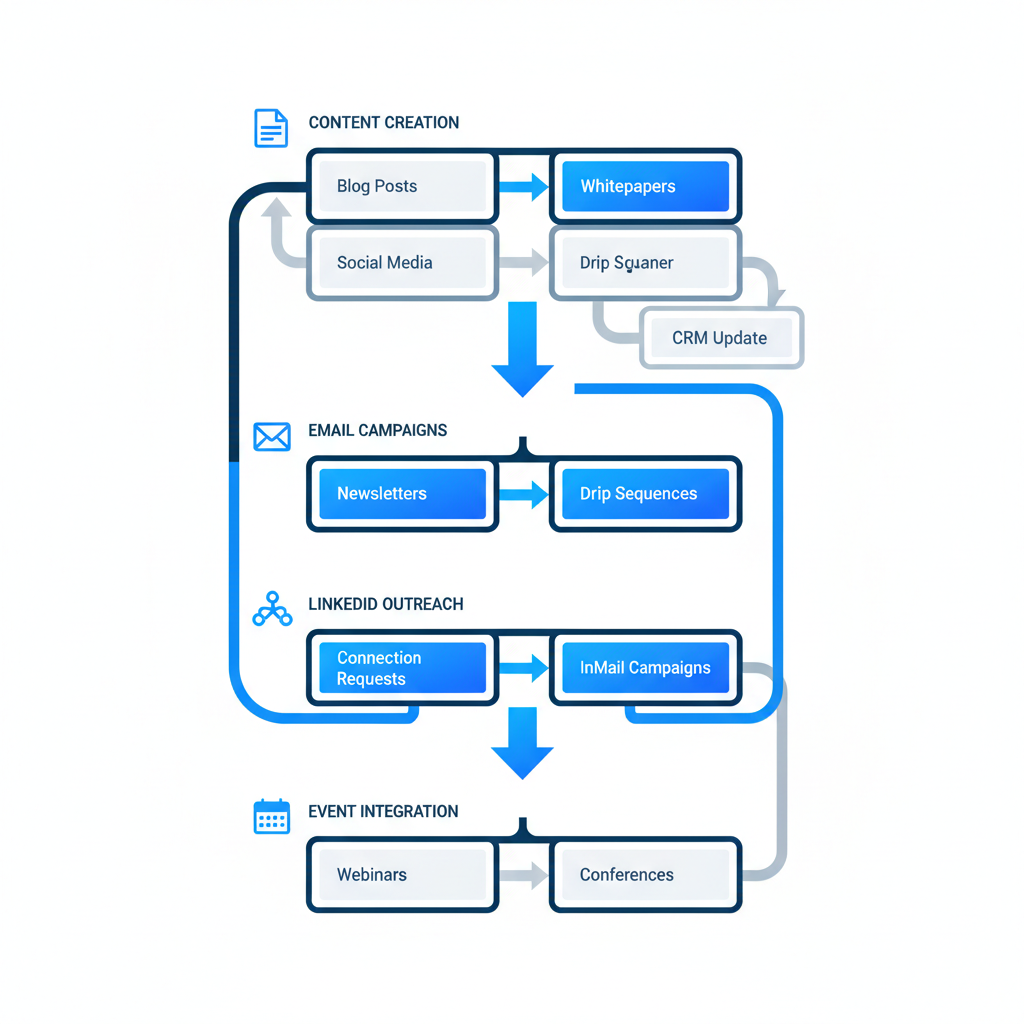 Vertical process flow diagram illustrating multi-channel demand generation steps for B2B go-to-market strategy