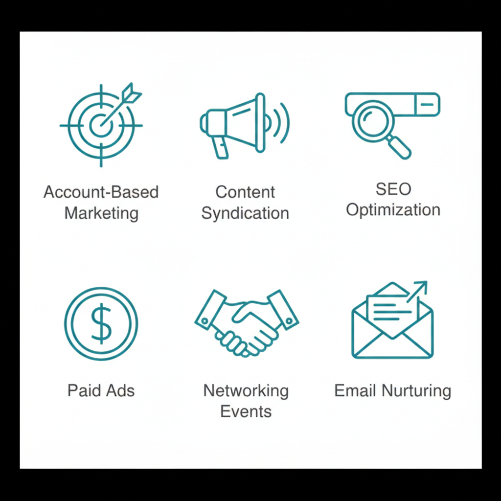 Grid of six outline icons depicting top B2B demand generation tactics including account-based marketing, content syndication, SEO, paid ads, networking, and email nurturing