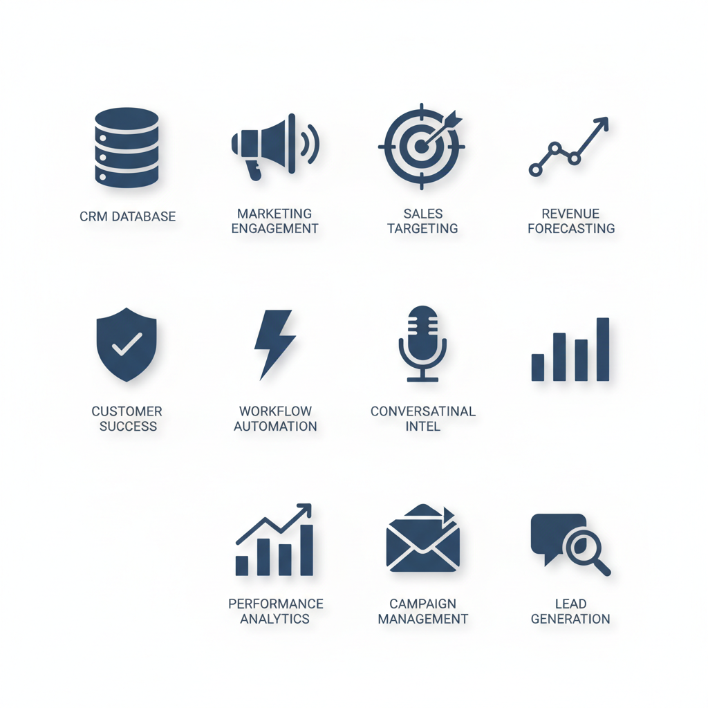 Square grid of 10 minimalist icons representing essential RevOps tools for B2B growth in blue and gray tones