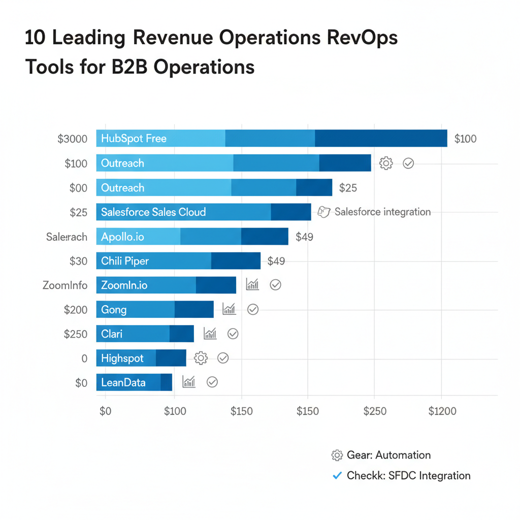 Horizontal bar chart comparing pricing and features of top 10 RevOps tools for B2B revenue operations.