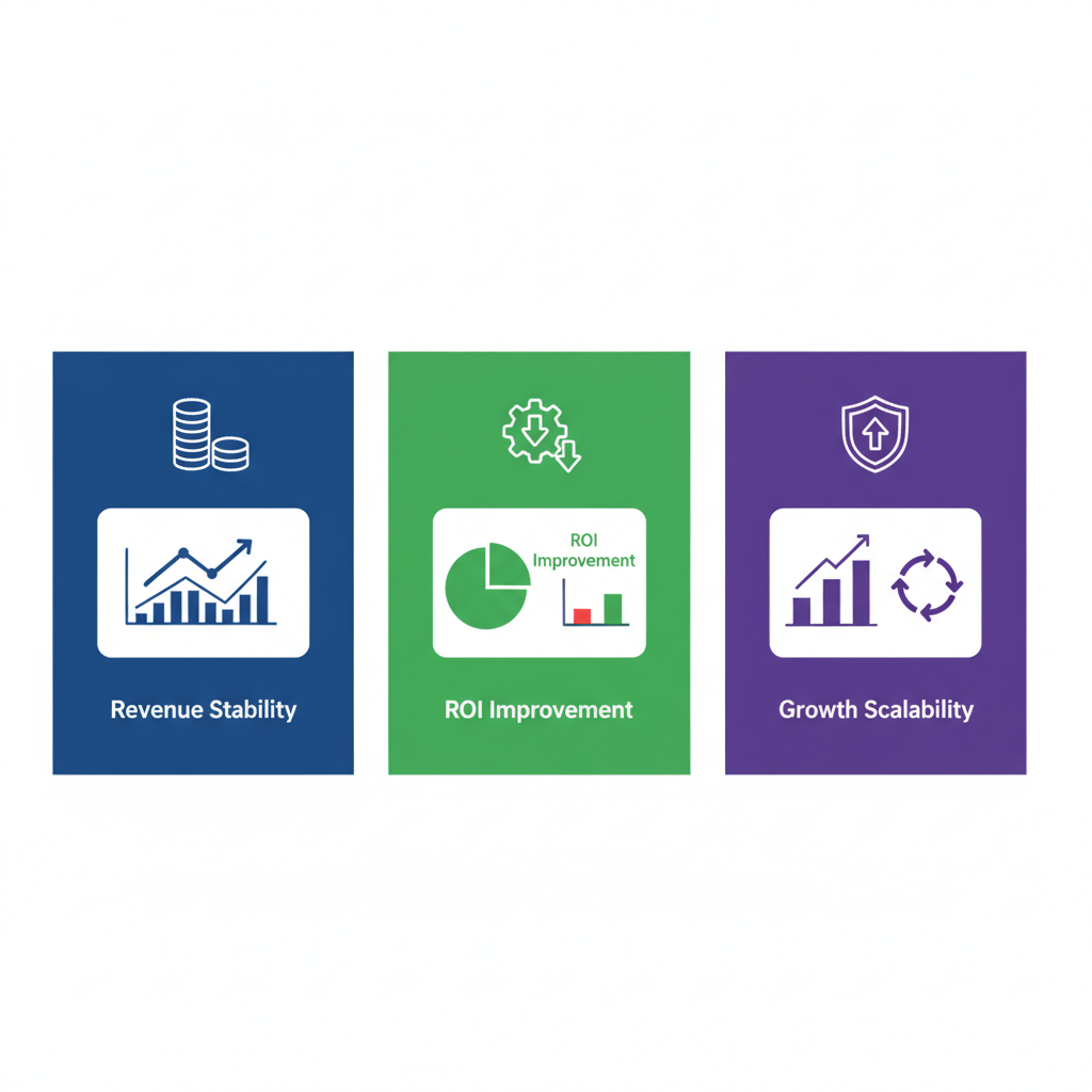 Infographic showing benefits of SaaS sales consulting for B2B startups with three panels on revenue, ROI, and growth
