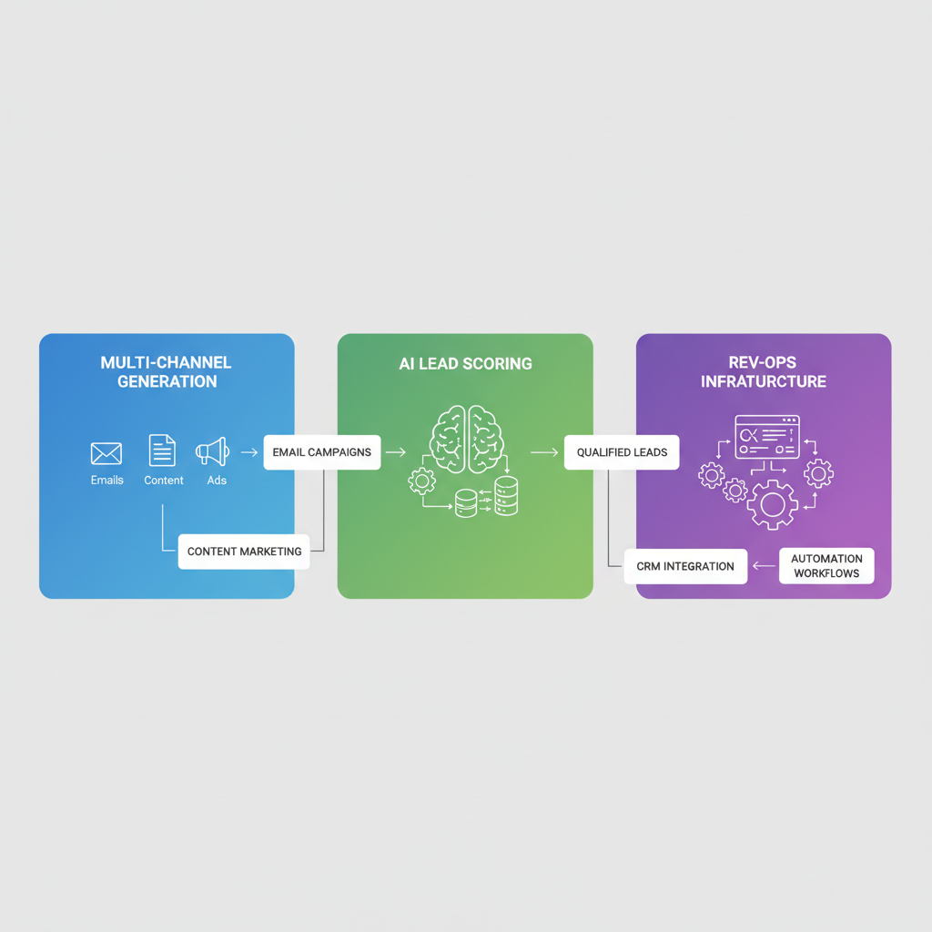 Horizontal process flow diagram showing three stages of SaaS sales consulting: multi-channel demand generation, AI-powered lead scoring, and RevOps infrastructure building, connected by arrows.