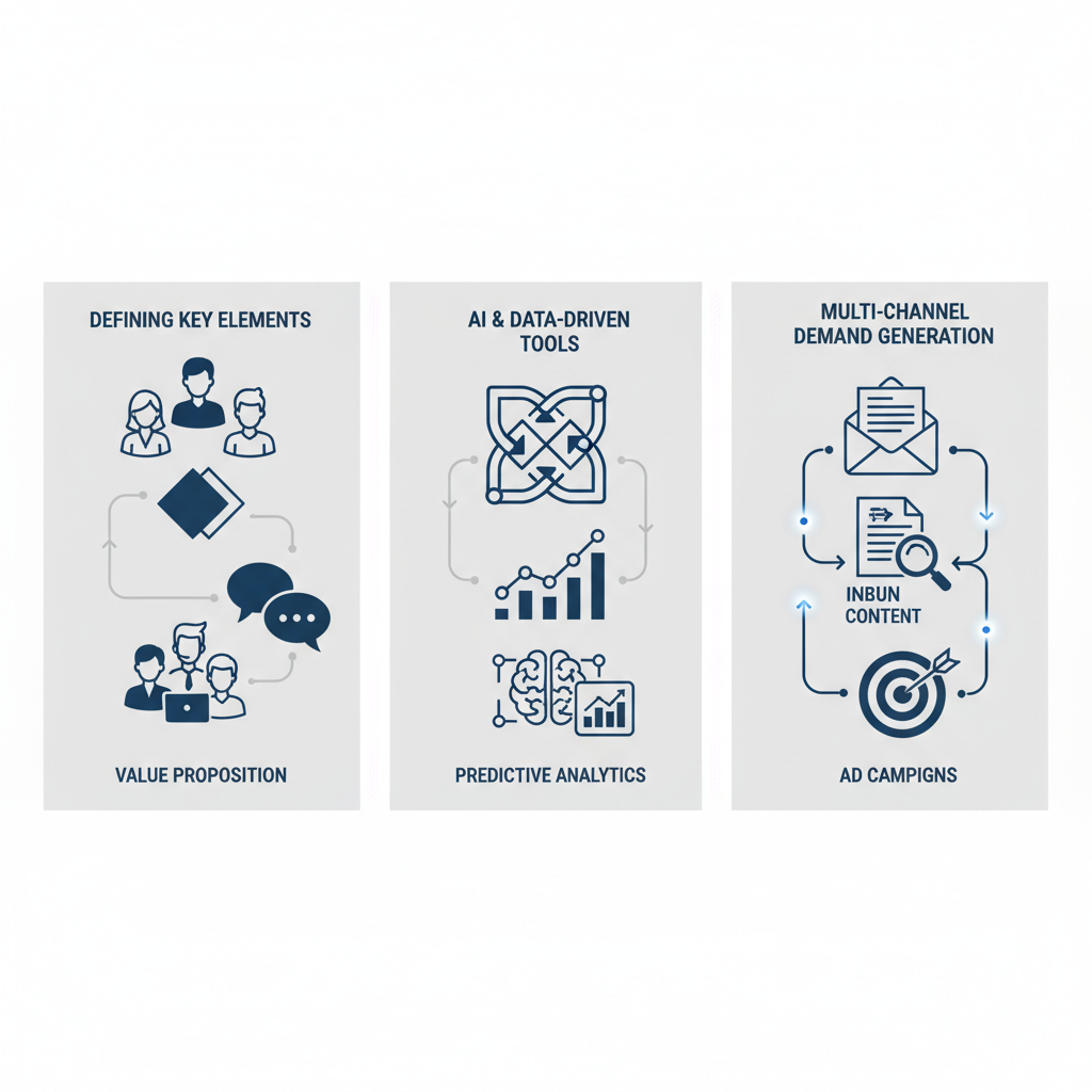 Infographic depicting key elements, AI tools, and demand generation channels for B2B GTM strategies in Silicon Valley