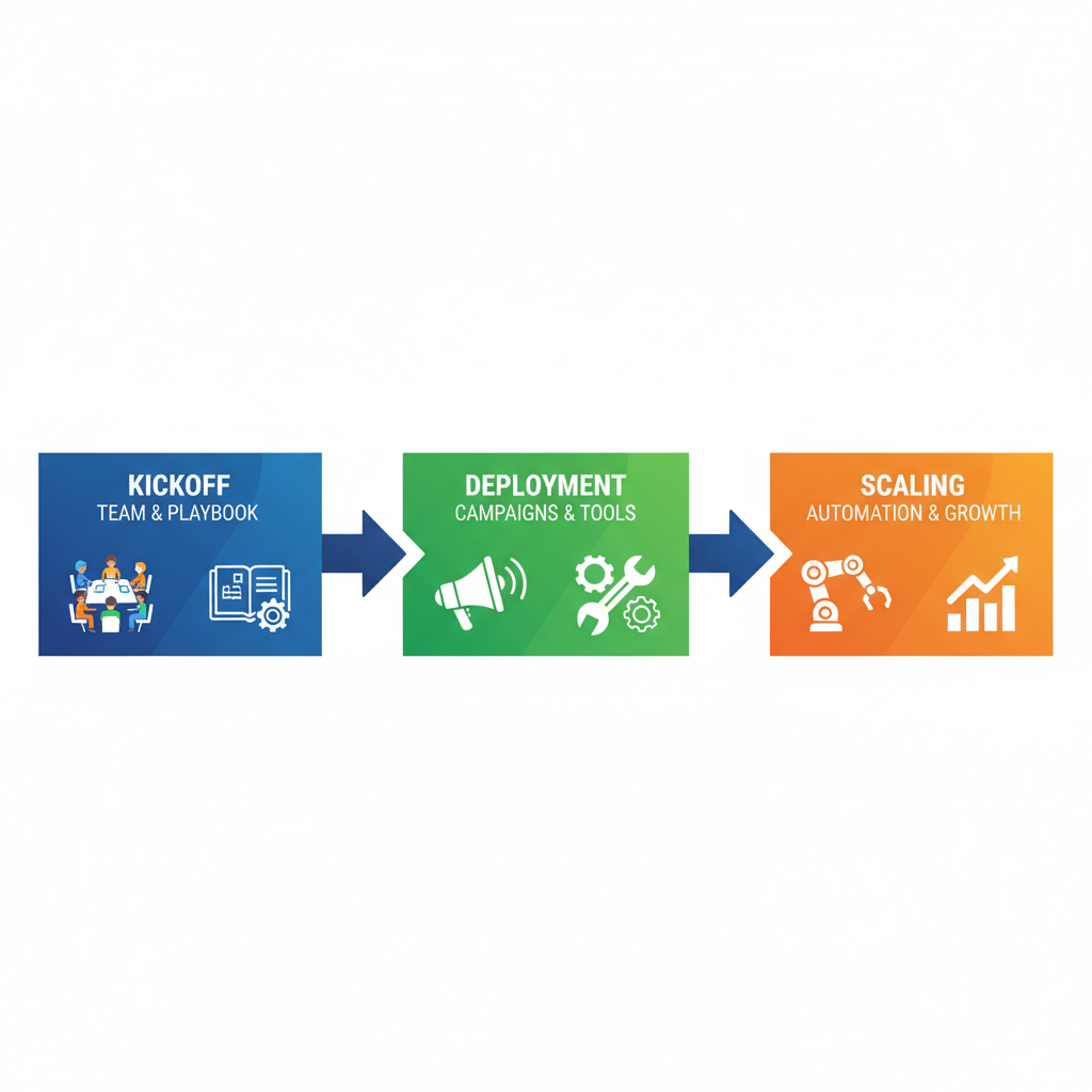 Horizontal process flow diagram showing three stages of implementing a GTM strategy in Silicon Valley tech landscape
