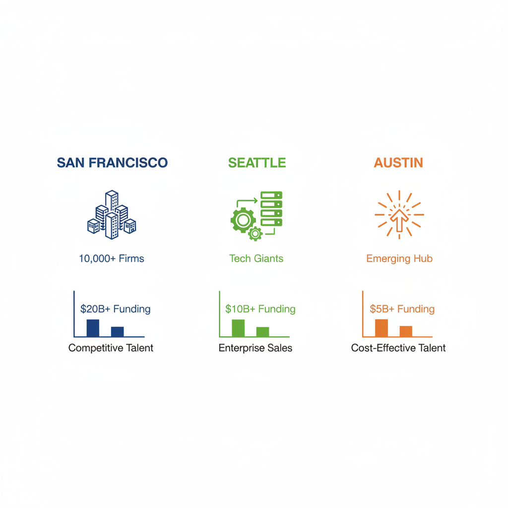 Infographic comparing SaaS ecosystems in San Francisco, Seattle, and Austin with funding and density metrics.