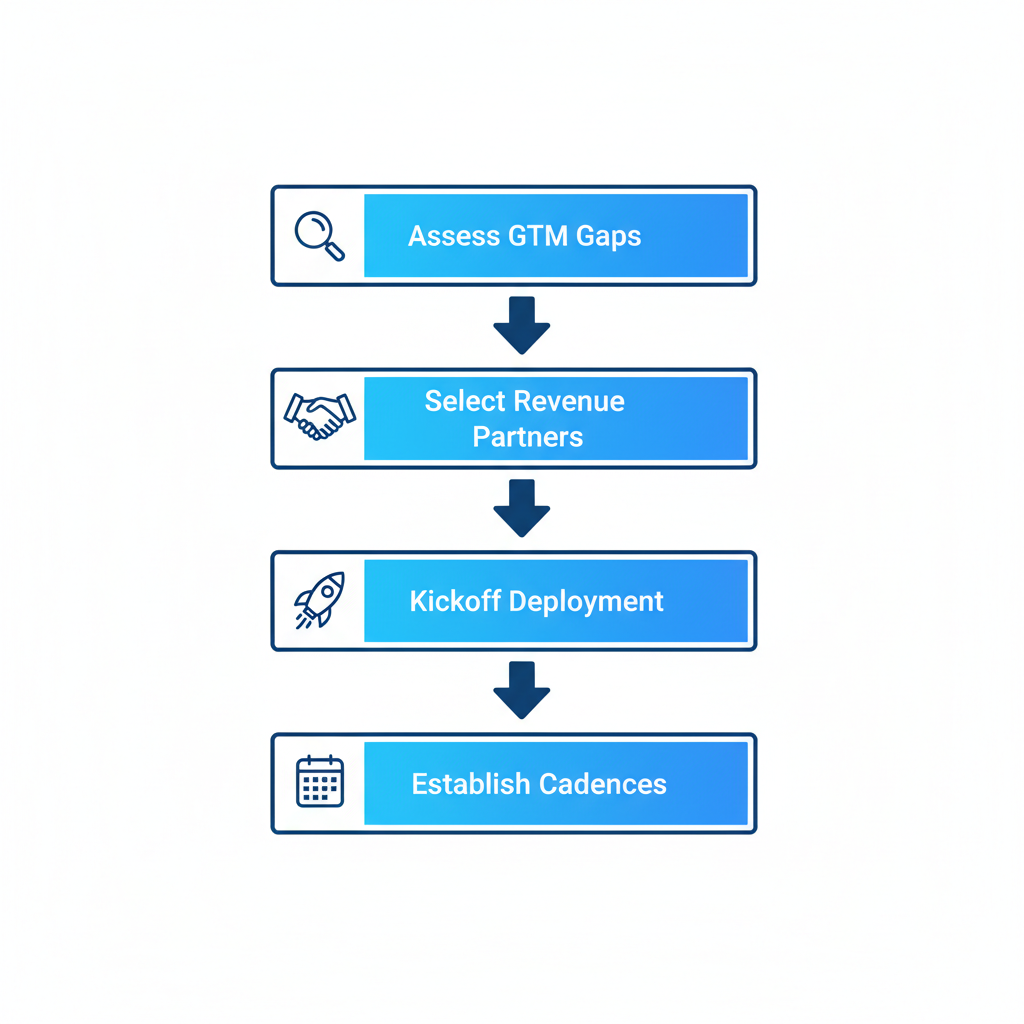 Vertical process flow diagram showing four steps to start SaaS sales consulting: assess gaps, select partners, kickoff, and establish cadences with icons.