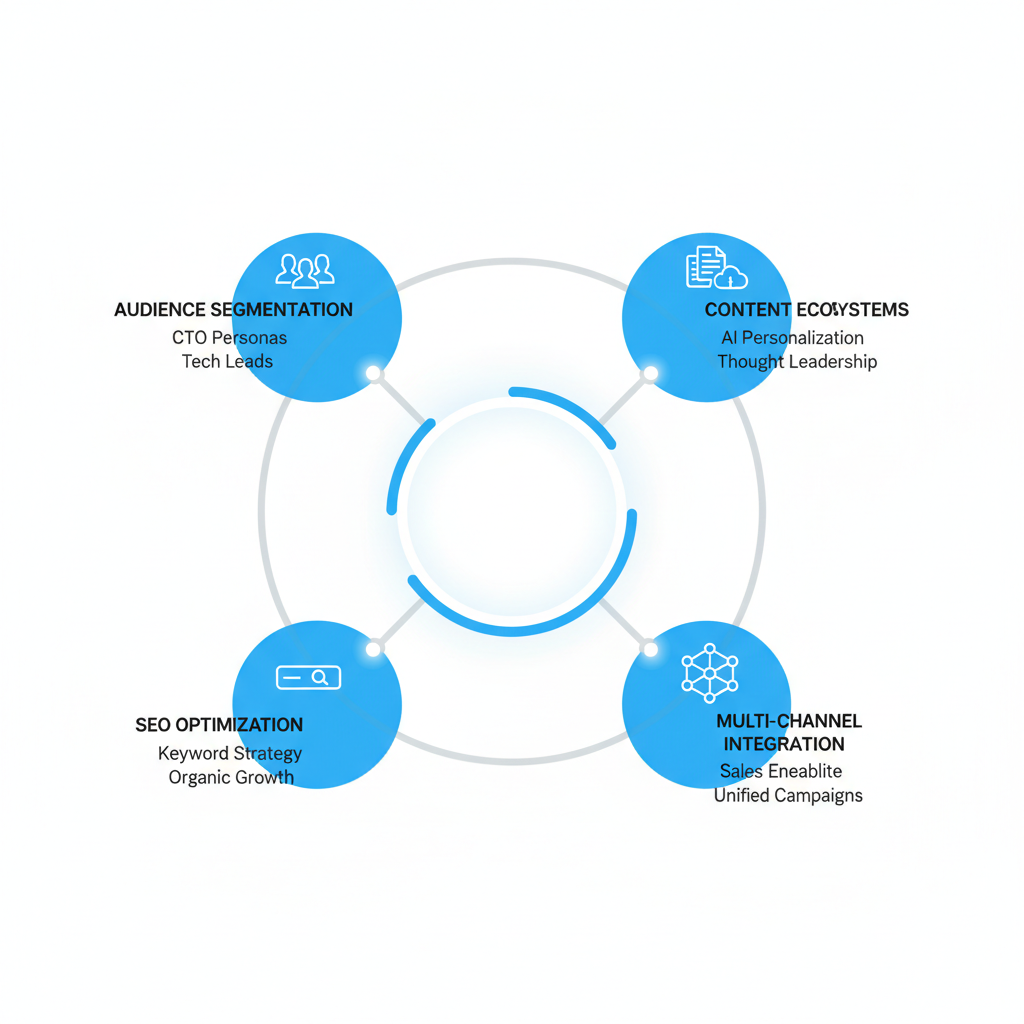 Infographic illustrating core concepts of B2B SaaS digital marketing including audience segmentation, content ecosystems, SEO optimization, and multi-channel integration