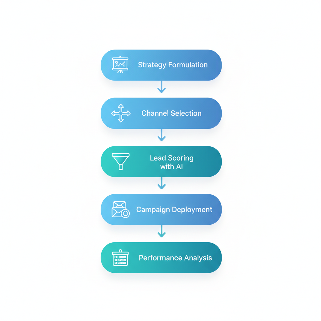 Process flow diagram illustrating five steps in B2B SaaS digital marketing: strategy formulation, channel selection, AI lead scoring, campaign deployment, and performance analysis.