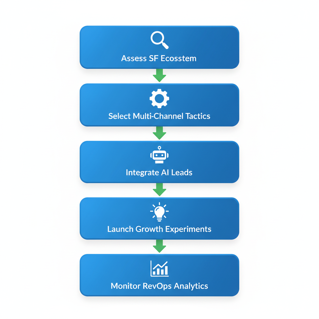 Vertical process flow diagram showing five steps to launch B2B SaaS marketing strategy in San Francisco with icons and arrows.