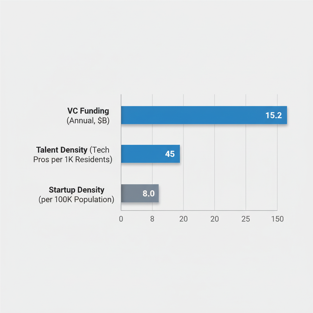 Horizontal bar chart comparing San Francisco B2B SaaS ecosystem metrics including VC funding, talent density, and startup density against lower national U.S. averages.