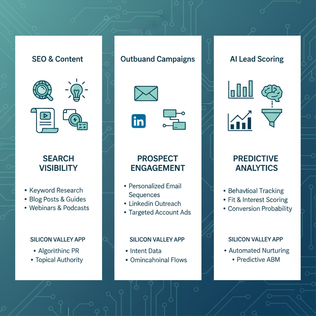 Infographic showing three key components of B2B SaaS digital marketing: SEO and content, outbound campaigns, and AI lead scoring, tailored for Silicon Valley.