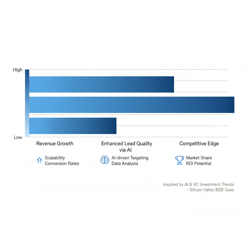 Horizontal bar chart illustrating key benefits of B2B SaaS digital marketing including revenue growth, AI-enhanced leads, and competitive edge with blue gradient bars and icons.