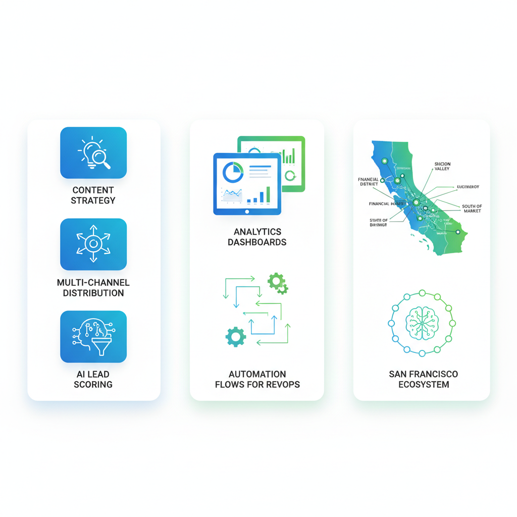 Infographic showing core elements of B2B SaaS content marketing: agency services, RevOps infrastructure, and San Francisco tech ecosystem.