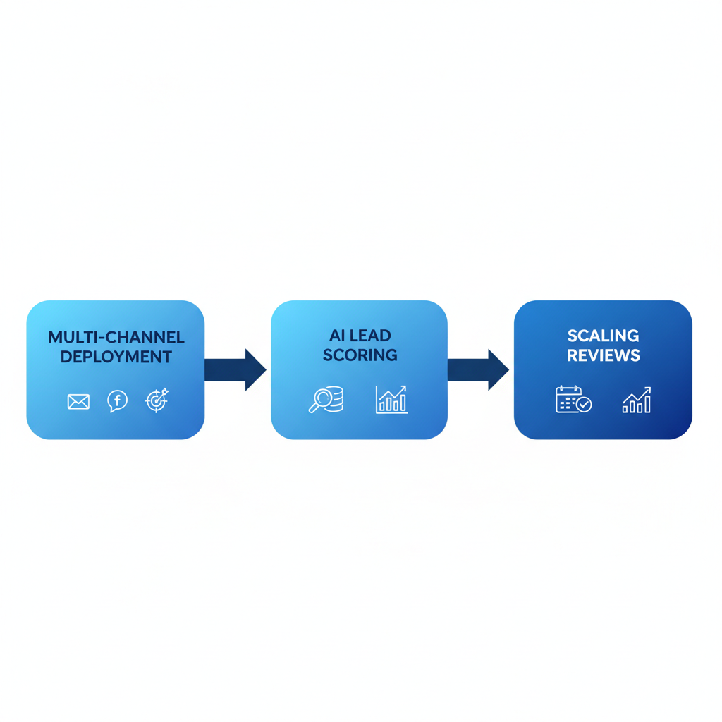 Horizontal process flow illustrating three stages of B2B SaaS content marketing operations: multi-channel deployment, AI-powered lead scoring and integration, scaling and performance reviews.