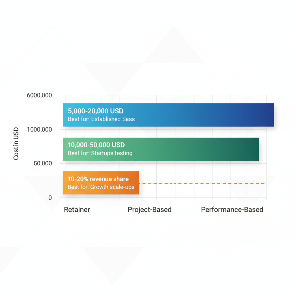 Horizontal bar chart comparing pricing models for B2B SaaS content marketing: retainer, project-based, and performance-based options with cost ranges.